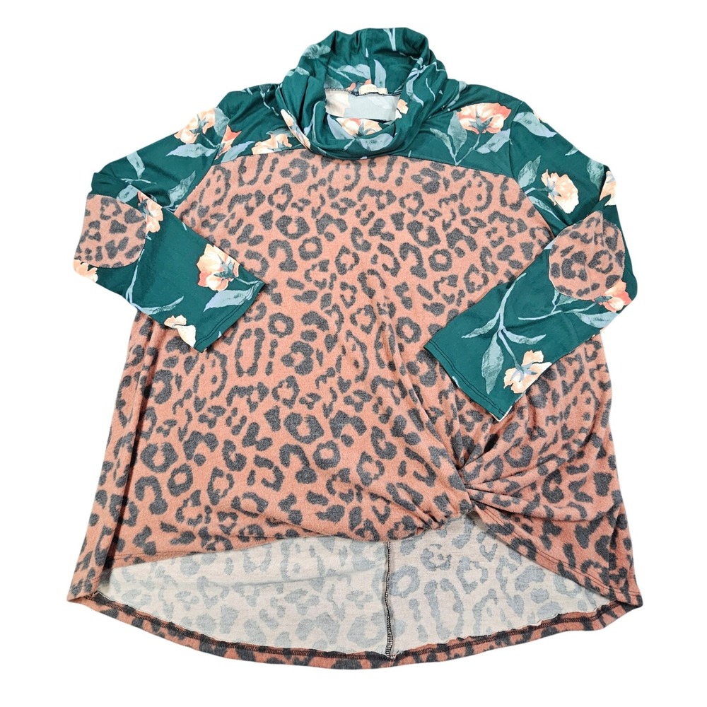 ODDY Tunic Top Womens 3XL Leopard Cheetah Floral Cowl Neck Twist Front Knit USA